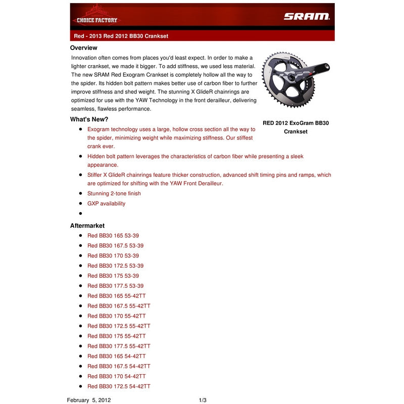 Sram FC Red BB30 177.5 5034 MY12 CS Red Exogram BB30 177.5 5034 BB30 Cups Not Incl N